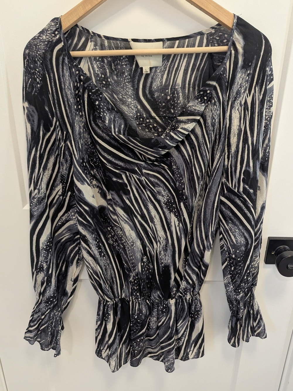 TH by Thrive Silk Blouse Abstract Print Draped Neck Flowy Boho Top - Picture 2 of 9